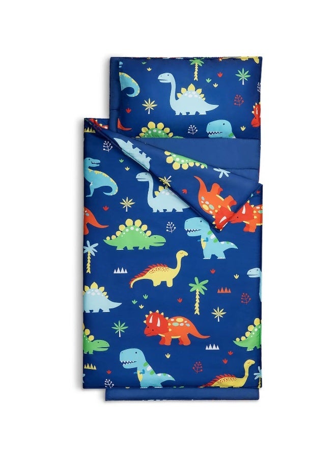 Kids Dinosaur Nap Mat, Sleeping Bag with Carrying Bag and Removable Pillow, Lightweight and Soft,  Ideal for Daycare and Preschool, Travel, 51 x 20 x 1.5 In (Blue)
