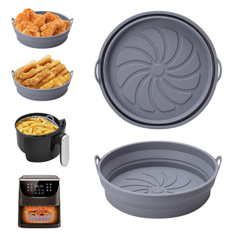 Alyvisun Air Fryer Silicone Liners 2PCS Reusable Airfryer Accessories Basket Foldable Baking Tray Inserts Versatile Round Rack Pot for Microwave Oven Grey