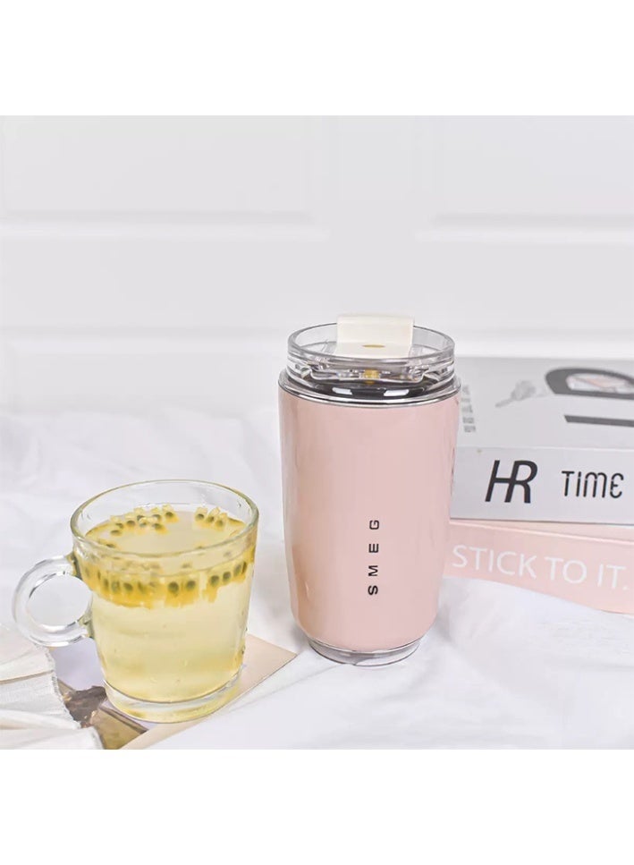 سميج كوب قهوة للسفر من Smeg، كوب معزول للمشروبات مع غطاء مضاد للتسرب، كوب قهوة طويل الأمد مع غطاء، ترمس قهوة للسفر (وردي) - Image 2