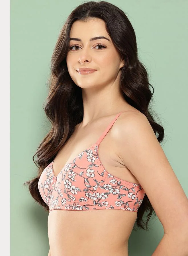 Leading Lady Orange Printed Lightly Padded Non Wired T-Shirt Bra
