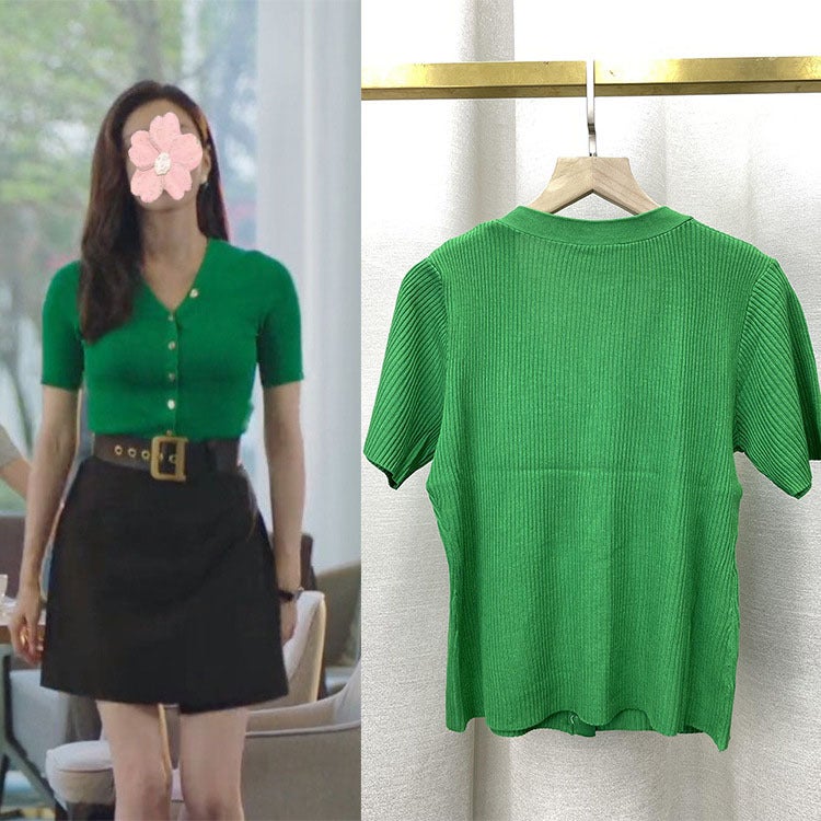 Women's rule xu qianjiang shuying same short-sleeved shirt summer v-neck sweater slim knitted t-shirt thin fashion - Image 3