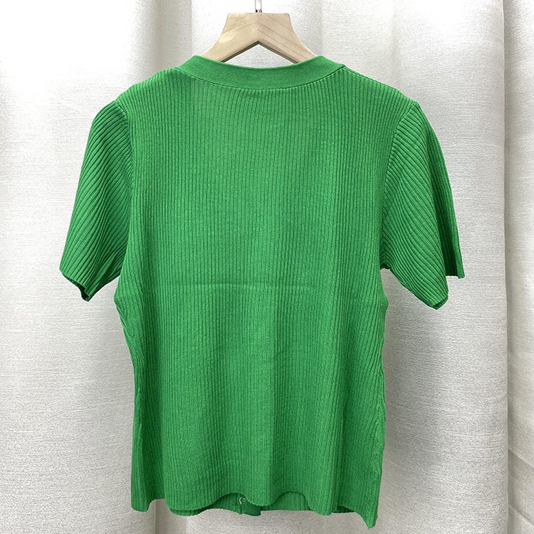 Women's rule xu qianjiang shuying same short-sleeved shirt summer v-neck sweater slim knitted t-shirt thin fashion - Image 5