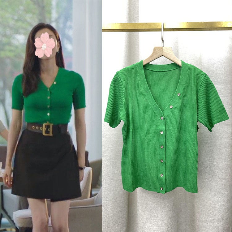 Women's rule xu qianjiang shuying same short-sleeved shirt summer v-neck sweater slim knitted t-shirt thin fashion - Image 2