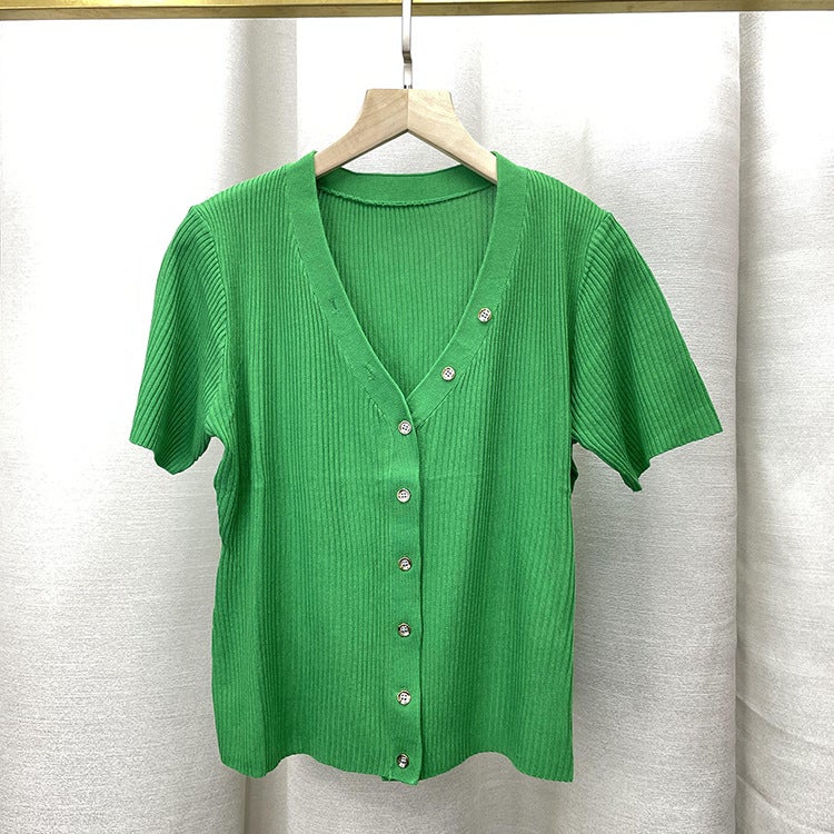 Women's rule xu qianjiang shuying same short-sleeved shirt summer v-neck sweater slim knitted t-shirt thin fashion - Image 4
