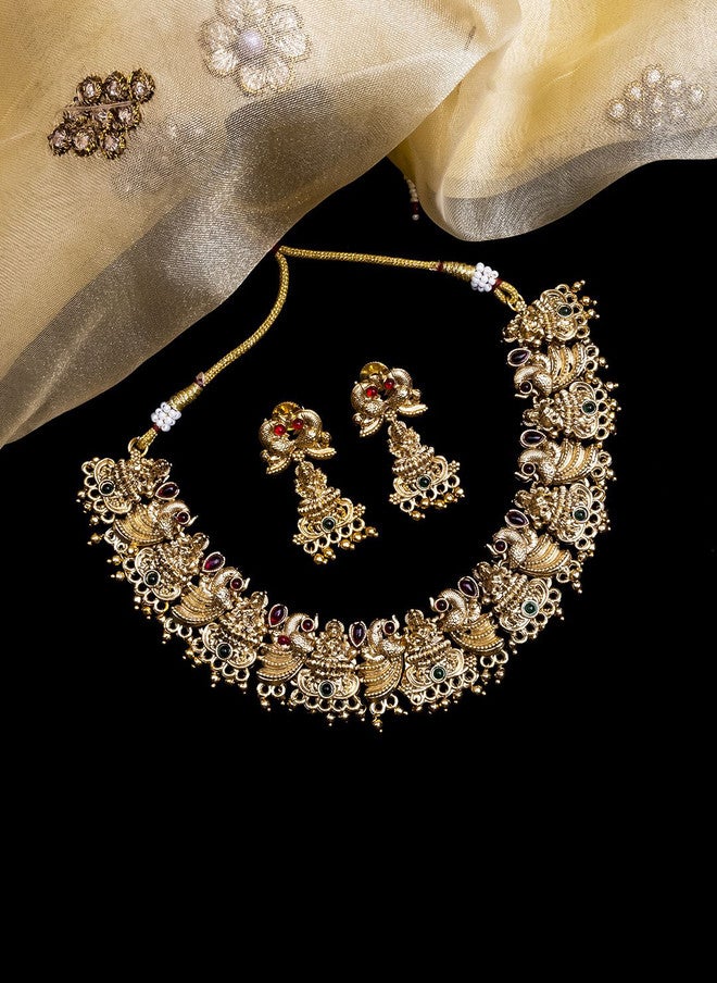 StileAdda Gold-Plated Temple Jewellery Set with Necklace and Earrings - Image 1