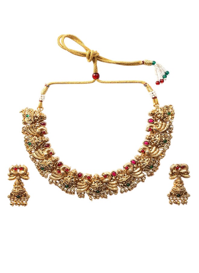 StileAdda Gold-Plated Temple Jewellery Set with Necklace and Earrings - Image 2