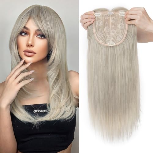 My Lady MYLADY Hair Toppers for Women with Thinning Hair 18 Inch 6x6 Lace Base Wiglets with Side Bangs Clip in Synthethic Hairpieces Mixed Grey - Image 1