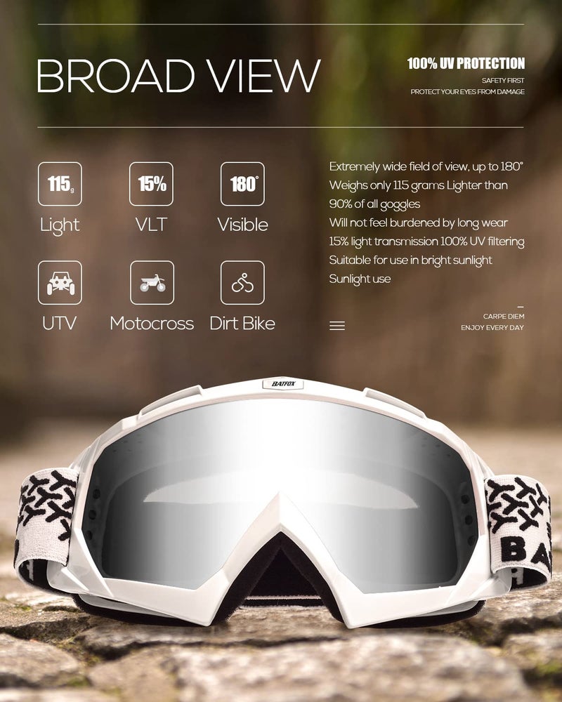 BATFOX Dirt Bike ATV Goggles Motorcycle Gear Riding Motocross Dirtbike 4-Wheeler MX DH Accessories Goggles Glasses for Men Women Youth UV400 Protection Dust-proof Anti-Slip Strap - Image 5