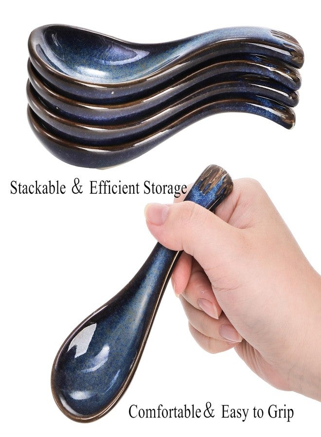 Cididu Set of 8 Asian Soup Spoon Ceramic, Blue Chinese Soup Spoons with Non-Slip Bottom, Retro Porcelain Japanese Pho Spoons for Ramen, Wonton, Noodle, Miso, Dumpling, Dishwasher Safe, 5.2" L - Image 4