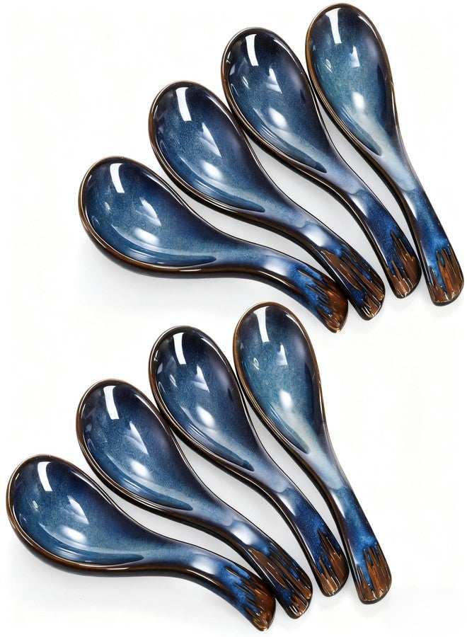 Cididu Set of 8 Asian Soup Spoon Ceramic, Blue Chinese Soup Spoons with Non-Slip Bottom, Retro Porcelain Japanese Pho Spoons for Ramen, Wonton, Noodle, Miso, Dumpling, Dishwasher Safe, 5.2" L - Image 1
