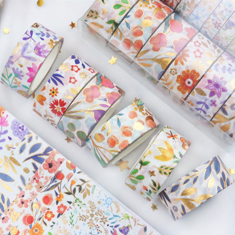 18 Rolls Washi Masking Tapes Set Floral Gold Foil Adhesive Decorative Paper Tape Beautiful Flower Leaves Plant Pattern Label Sticker for DIY Arts & Crafts Scrapbooking Journals Planners Card Gift Wrapping - Image 4