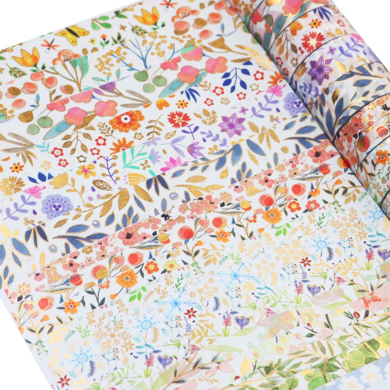 18 Rolls Washi Masking Tapes Set Floral Gold Foil Adhesive Decorative Paper Tape Beautiful Flower Leaves Plant Pattern Label Sticker for DIY Arts & Crafts Scrapbooking Journals Planners Card Gift Wrapping - Image 3