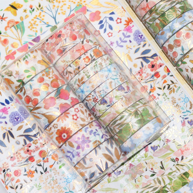 18 Rolls Washi Masking Tapes Set Floral Gold Foil Adhesive Decorative Paper Tape Beautiful Flower Leaves Plant Pattern Label Sticker for DIY Arts & Crafts Scrapbooking Journals Planners Card Gift Wrapping - Image 5