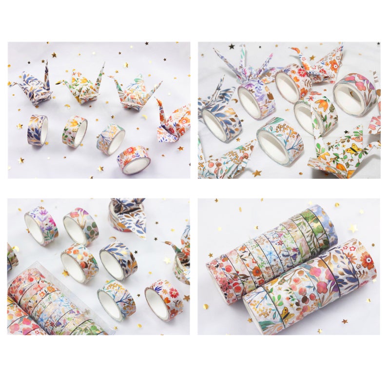 18 Rolls Washi Masking Tapes Set Floral Gold Foil Adhesive Decorative Paper Tape Beautiful Flower Leaves Plant Pattern Label Sticker for DIY Arts & Crafts Scrapbooking Journals Planners Card Gift Wrapping - Image 2