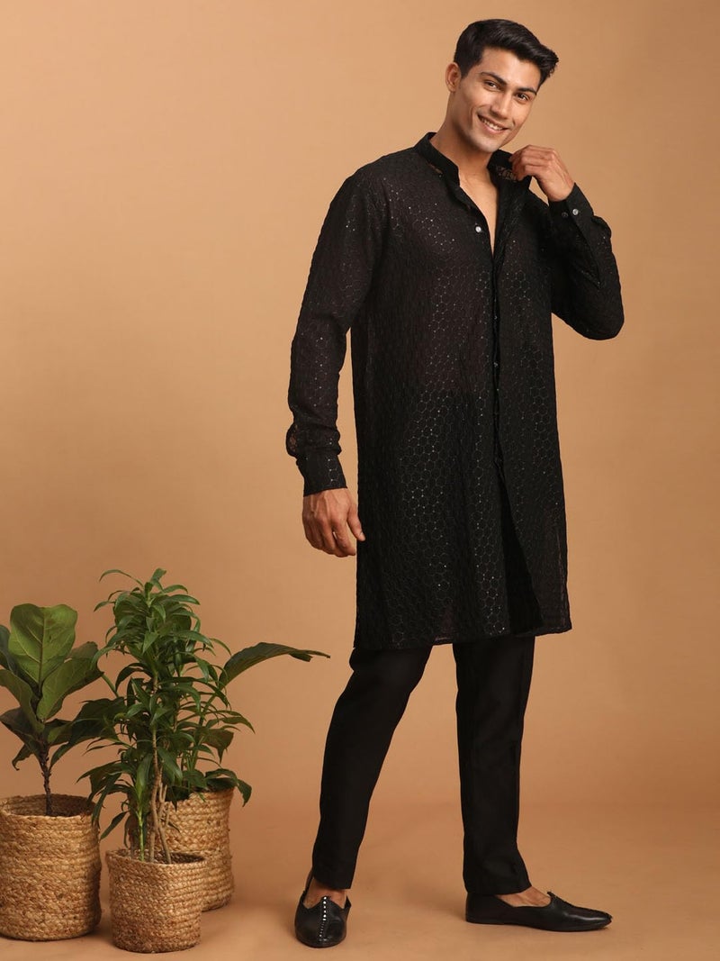 VASTRAMAY Men's Black Georgette Kurta | Embroidered Georgette Stylish Kurta for Men | Ethnic Wear for Festivals, Weddings Attire - Image 5