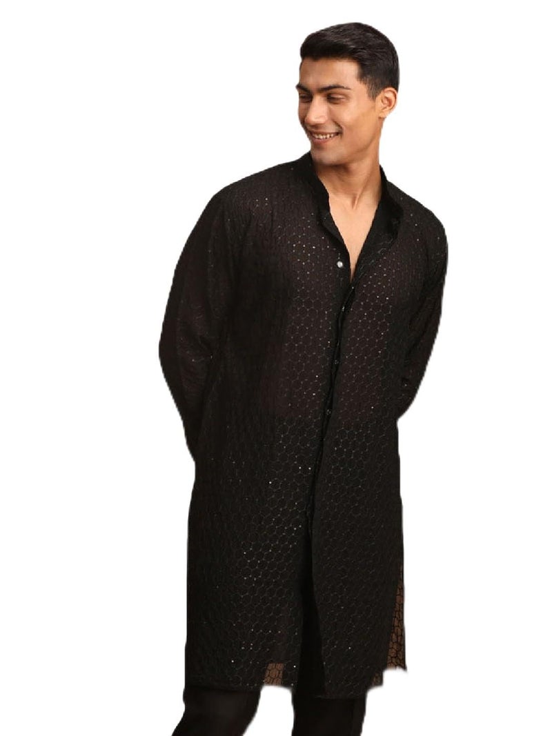 VASTRAMAY Men's Black Georgette Kurta | Embroidered Georgette Stylish Kurta for Men | Ethnic Wear for Festivals, Weddings Attire - Image 1