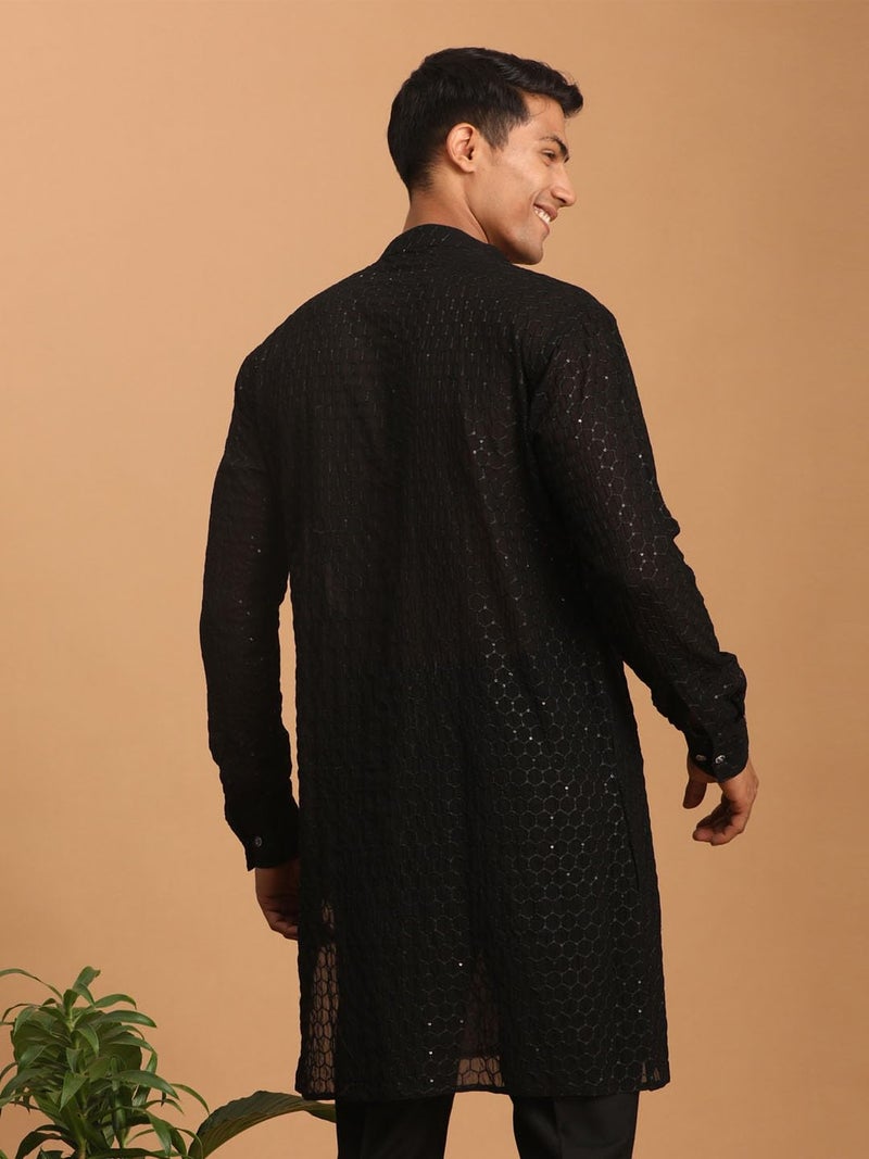 VASTRAMAY Men's Black Georgette Kurta | Embroidered Georgette Stylish Kurta for Men | Ethnic Wear for Festivals, Weddings Attire - Image 3
