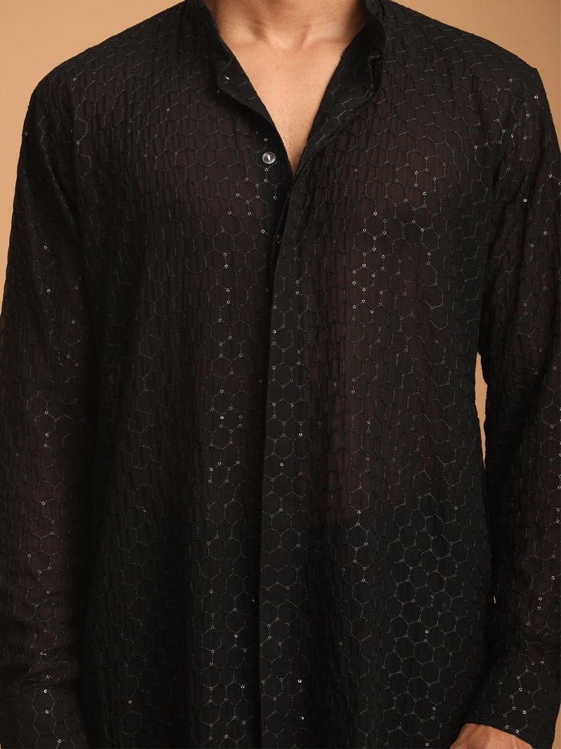 VASTRAMAY Men's Black Georgette Kurta | Embroidered Georgette Stylish Kurta for Men | Ethnic Wear for Festivals, Weddings Attire - Image 4