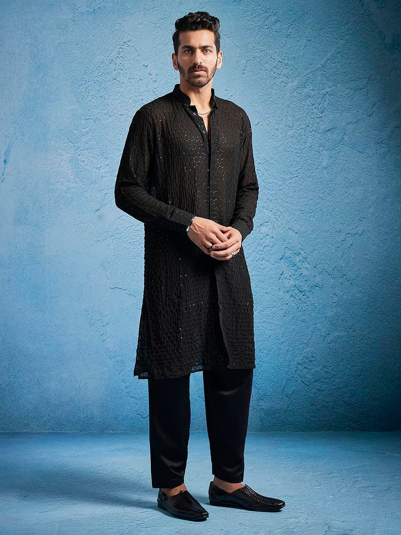 VASTRAMAY Men's Black Georgette Kurta | Embroidered Georgette Stylish Kurta for Men | Ethnic Wear for Festivals, Weddings Attire - Image 2