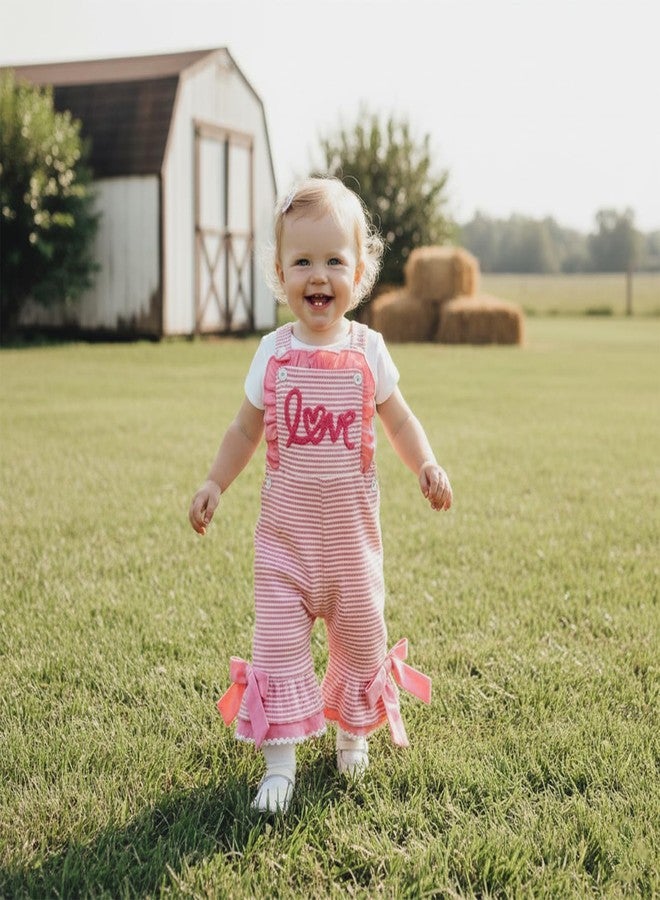 Honganda Toddler Baby Girl Valentine's Day Outfit Overalls Love Romper Striped Bell Bottom Suspender Jumpsuit with Bowknot (Pink, 18-24 Months) - Image 2