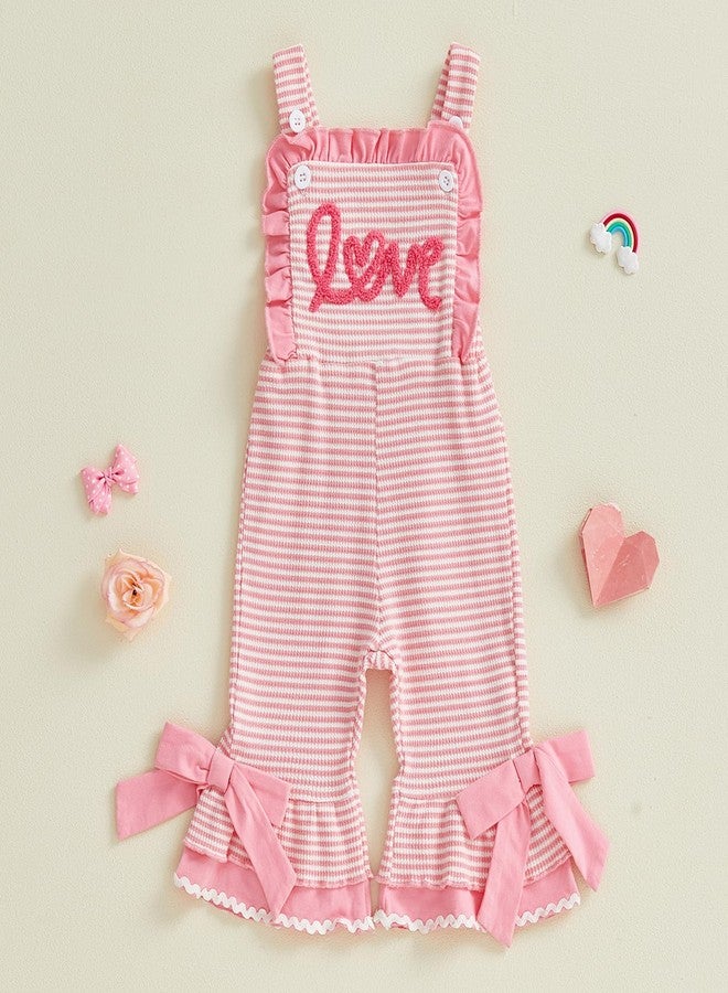Honganda Toddler Baby Girl Valentine's Day Outfit Overalls Love Romper Striped Bell Bottom Suspender Jumpsuit with Bowknot (Pink, 18-24 Months) - Image 5