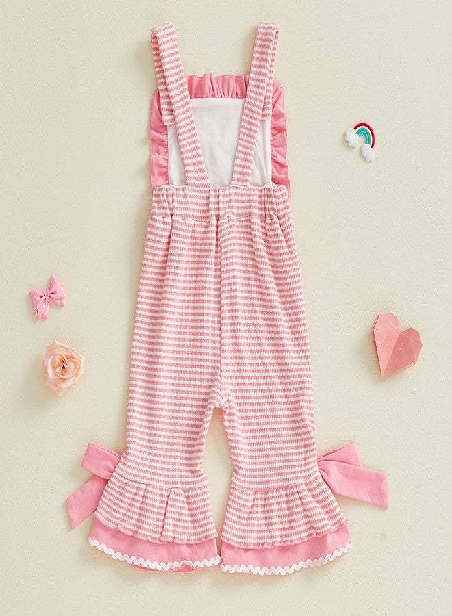 Honganda Toddler Baby Girl Valentine's Day Outfit Overalls Love Romper Striped Bell Bottom Suspender Jumpsuit with Bowknot (Pink, 18-24 Months) - Image 4