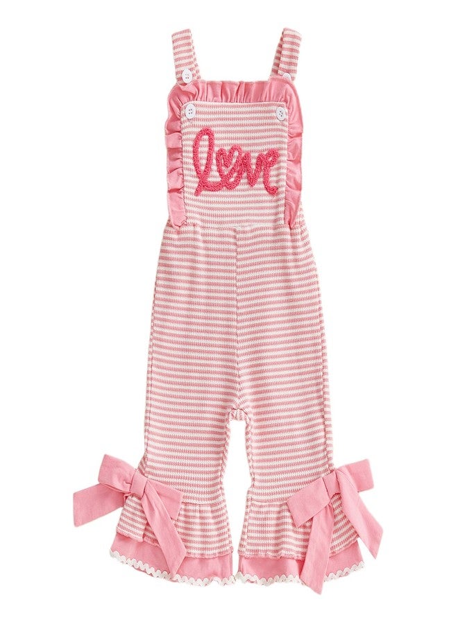 Honganda Toddler Baby Girl Valentine's Day Outfit Overalls Love Romper Striped Bell Bottom Suspender Jumpsuit with Bowknot (Pink, 18-24 Months) - Image 1