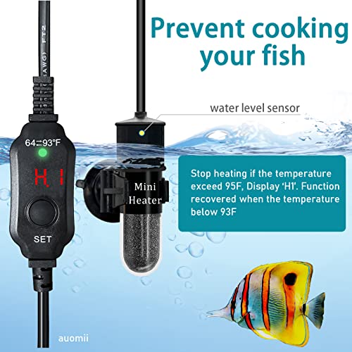 auomii Mini Submersible Aquarium Heater, 10/20/25/50/100/150 Watts Adjustable Fish Tank Heater, Built-in Thermometer, External Temperature Controller, Smart Memory, Used for 1-60 Gallons (10W Plug) - Image 5