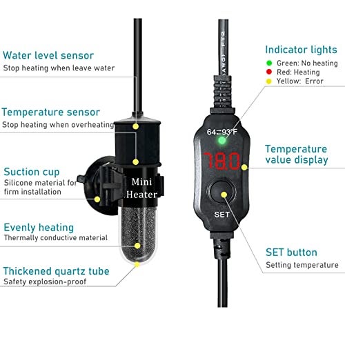 auomii Mini Submersible Aquarium Heater, 10/20/25/50/100/150 Watts Adjustable Fish Tank Heater, Built-in Thermometer, External Temperature Controller, Smart Memory, Used for 1-60 Gallons (10W Plug) - Image 3