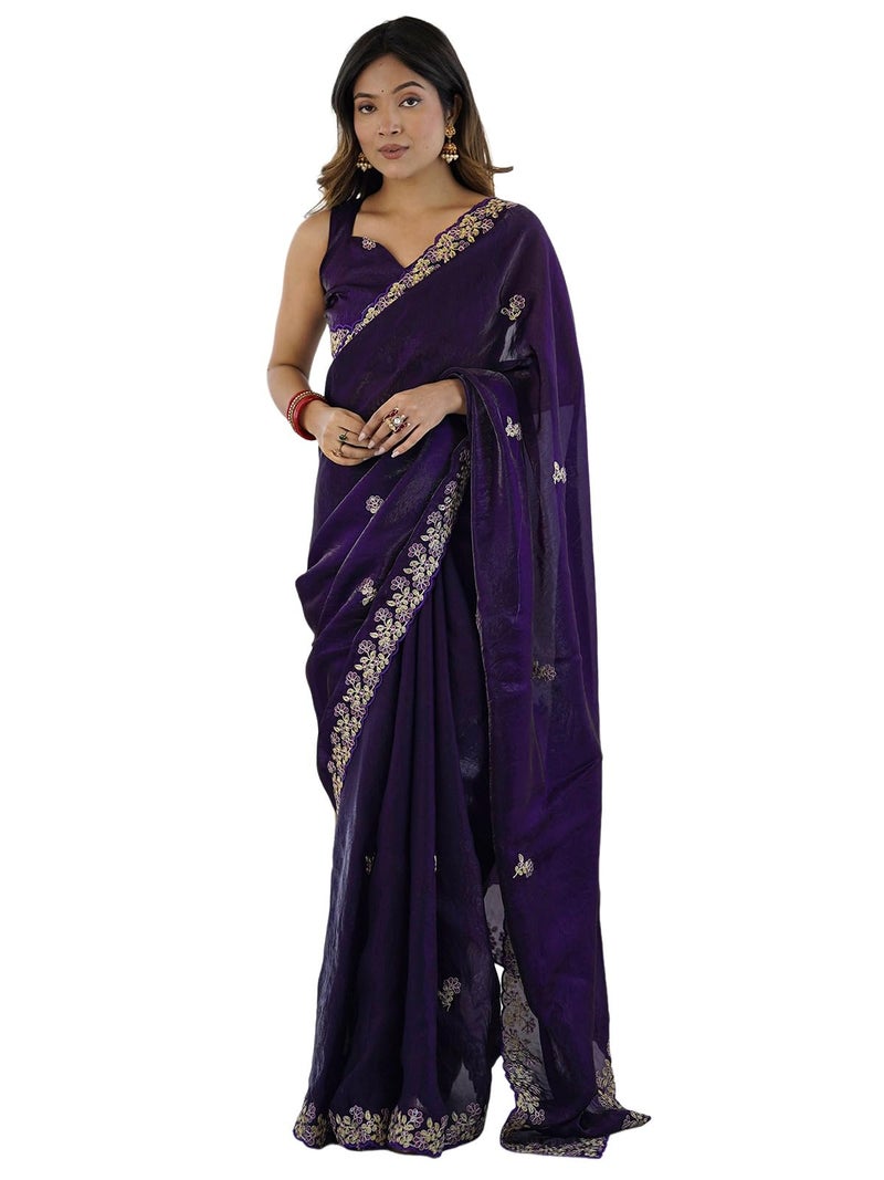 Satrani Women's Tissue Silk Sequins Embroidery Saree with Unstitched Blouse Piece (4534S6882N_Dark Purple) - Image 1