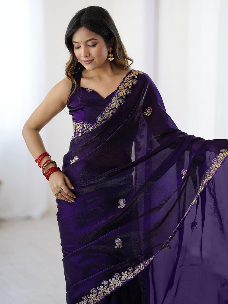 Satrani Women's Tissue Silk Sequins Embroidery Saree with Unstitched Blouse Piece (4534S6882N_Dark Purple) - Image 4