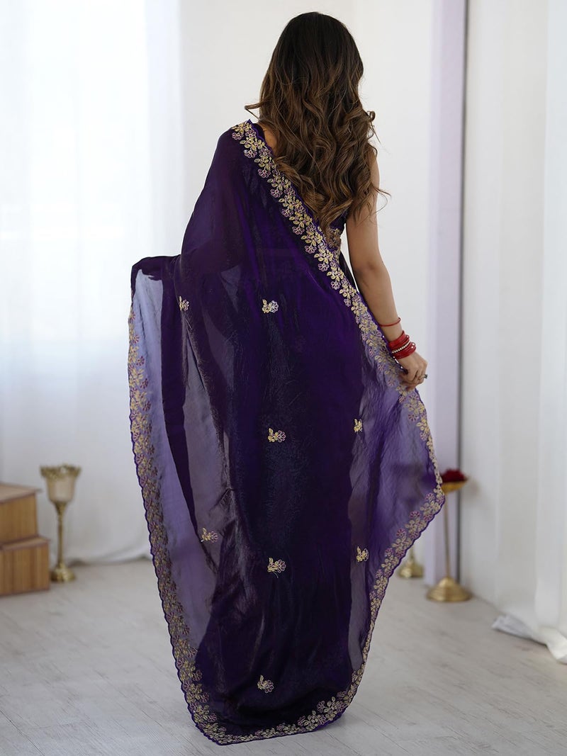 Satrani Women's Tissue Silk Sequins Embroidery Saree with Unstitched Blouse Piece (4534S6882N_Dark Purple) - Image 3