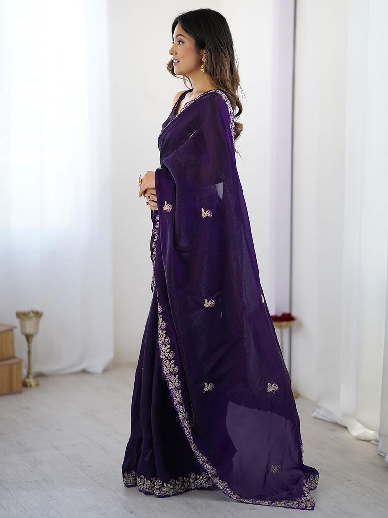 Satrani Women's Tissue Silk Sequins Embroidery Saree with Unstitched Blouse Piece (4534S6882N_Dark Purple) - Image 2