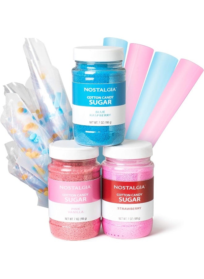 Nostalgia Nostalgia FSCC8 Cotton Candy Kit Pink Vanilla, Blue Raspberry, Strawberry Flossing Sugars, Includes 10 Reusable Cones and Twist Ties-Perfect for Birthdays, Holidays, and Parties, 7 oz. each, Multi  - Image 2