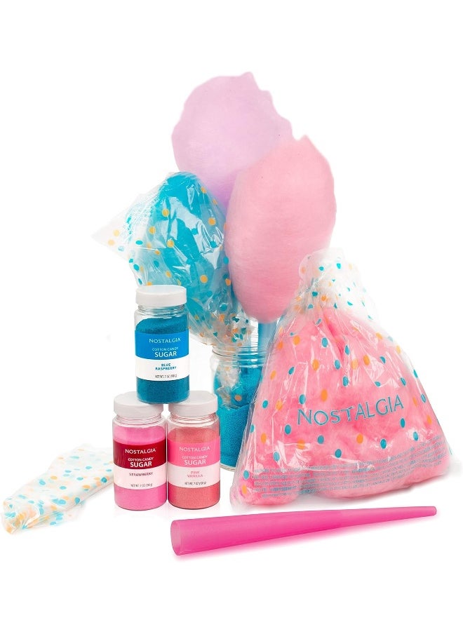 Nostalgia Nostalgia FSCC8 Cotton Candy Kit Pink Vanilla, Blue Raspberry, Strawberry Flossing Sugars, Includes 10 Reusable Cones and Twist Ties-Perfect for Birthdays, Holidays, and Parties, 7 oz. each, Multi  - Image 1