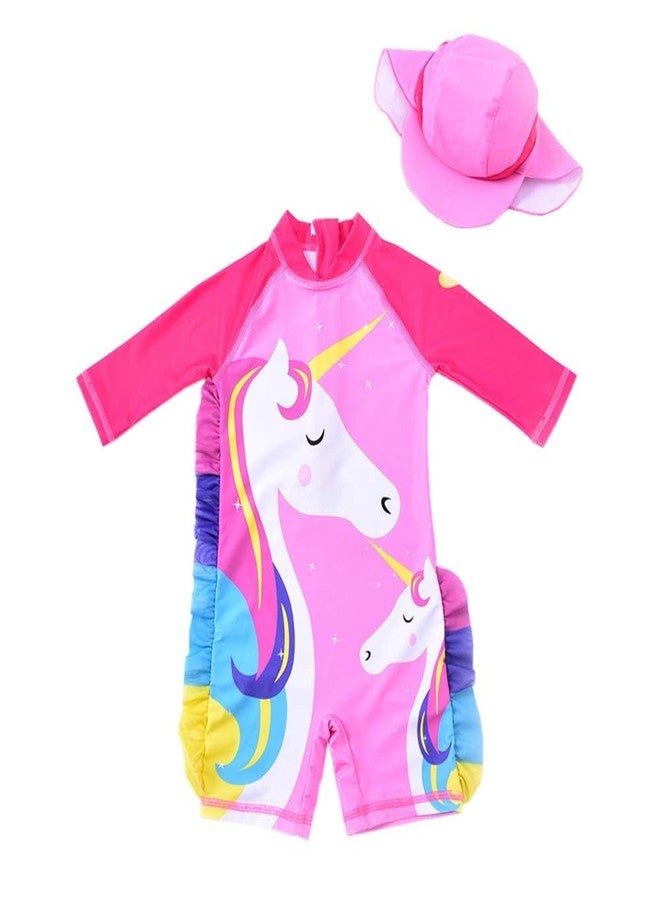 Kimjun Baby Girl One Piece Swimsuit Sunsuit Long Sleeve Swimwear Rash Guard Toddler Kid Unicorn Bathing Suit Zip with Hat (5-6 Years/110) Pink - Image 1