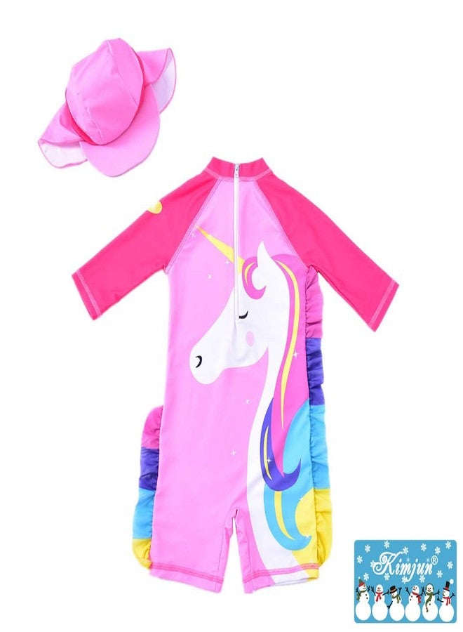 Kimjun Baby Girl One Piece Swimsuit Sunsuit Long Sleeve Swimwear Rash Guard Toddler Kid Unicorn Bathing Suit Zip with Hat (5-6 Years/110) Pink - Image 2