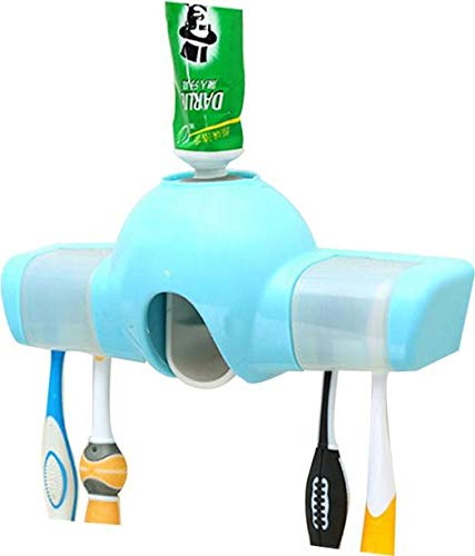 SEASPIRIT Toothbrush Toothpaste Stand Holder Bathroom Storage Organizer,Plastic with Sticky Suction Pad Wall Mounted Kids Hands Free Toothpaste Squeezer for Washroom - Image 1