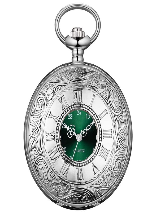 BOSHIYA Pocket Watches for Men Vintage Unique Blue Dial Roman Numerals Scale Black Quartz Pocket Watch with Chain for Christmas Graduation Birthday Gifts, Silver Case Green Dial, Vintage - Image 1