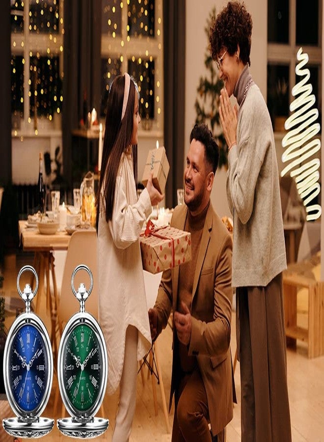 BOSHIYA Pocket Watches for Men Vintage Unique Blue Dial Roman Numerals Scale Black Quartz Pocket Watch with Chain for Christmas Graduation Birthday Gifts, Silver Case Green Dial, Vintage - Image 5
