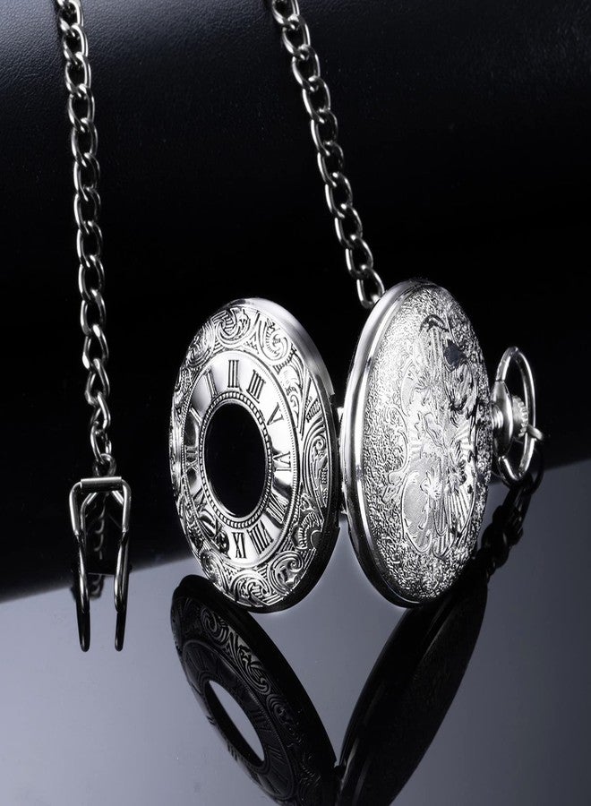 BOSHIYA Pocket Watches for Men Vintage Unique Blue Dial Roman Numerals Scale Black Quartz Pocket Watch with Chain for Christmas Graduation Birthday Gifts, Silver Case Green Dial, Vintage - Image 3
