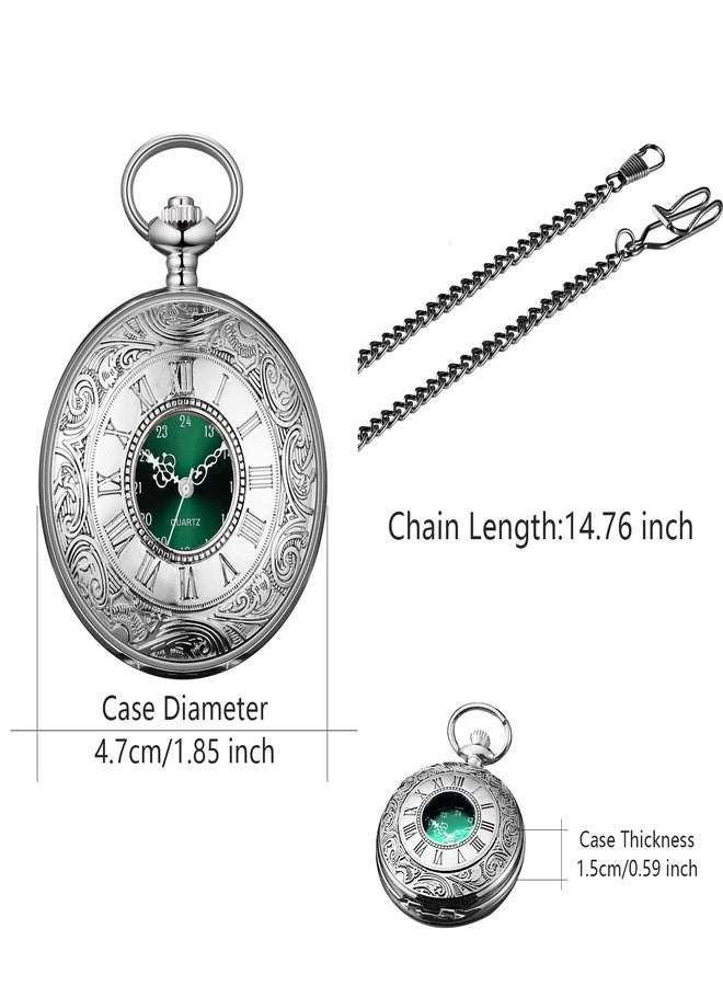 BOSHIYA Pocket Watches for Men Vintage Unique Blue Dial Roman Numerals Scale Black Quartz Pocket Watch with Chain for Christmas Graduation Birthday Gifts, Silver Case Green Dial, Vintage - Image 4