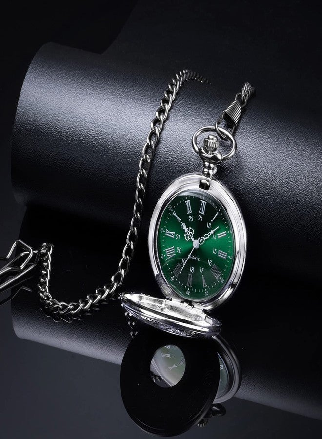 BOSHIYA Pocket Watches for Men Vintage Unique Blue Dial Roman Numerals Scale Black Quartz Pocket Watch with Chain for Christmas Graduation Birthday Gifts, Silver Case Green Dial, Vintage - Image 2