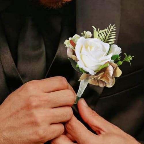 Latious Wedding Flower Boutonniere White Groom Rose Buttonholes Men's Boutineer Party Suit Decoration Prom Anniversary Accessories for Groomsmans and Man (White) - Image 1