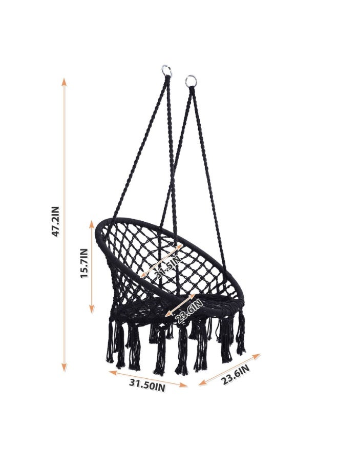Premium Macrame Hammock Swing Chair – Nordic Hanging Cotton Rope Net Chair with Fringe Tassels for Indoor, Outdoor, Balcony & Garden, 31.5 Inch Diameter – Black - Image 1