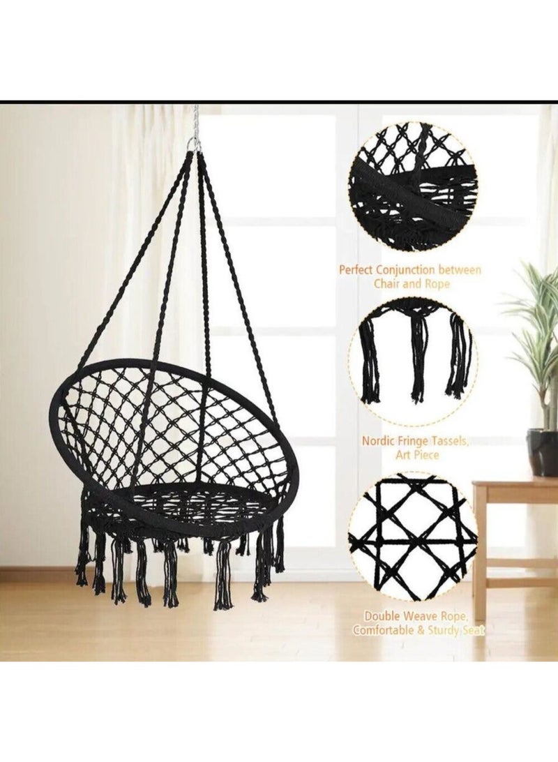 Premium Macrame Hammock Swing Chair – Nordic Hanging Cotton Rope Net Chair with Fringe Tassels for Indoor, Outdoor, Balcony & Garden, 31.5 Inch Diameter – Black - Image 2