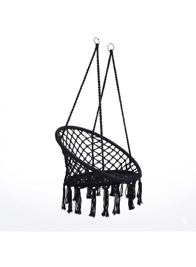 Premium Macrame Hammock Swing Chair – Nordic Hanging Cotton Rope Net Chair with Fringe Tassels for Indoor, Outdoor, Balcony & Garden, 31.5 Inch Diameter – Black - Image 3