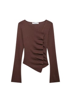 Womens V-Neck Knit Sweater Long Sleeve Autumn 2024 New Solid Color Base Layer Slimming Ruffles Decorative Pullover 5441 brown long-sleeved shirt