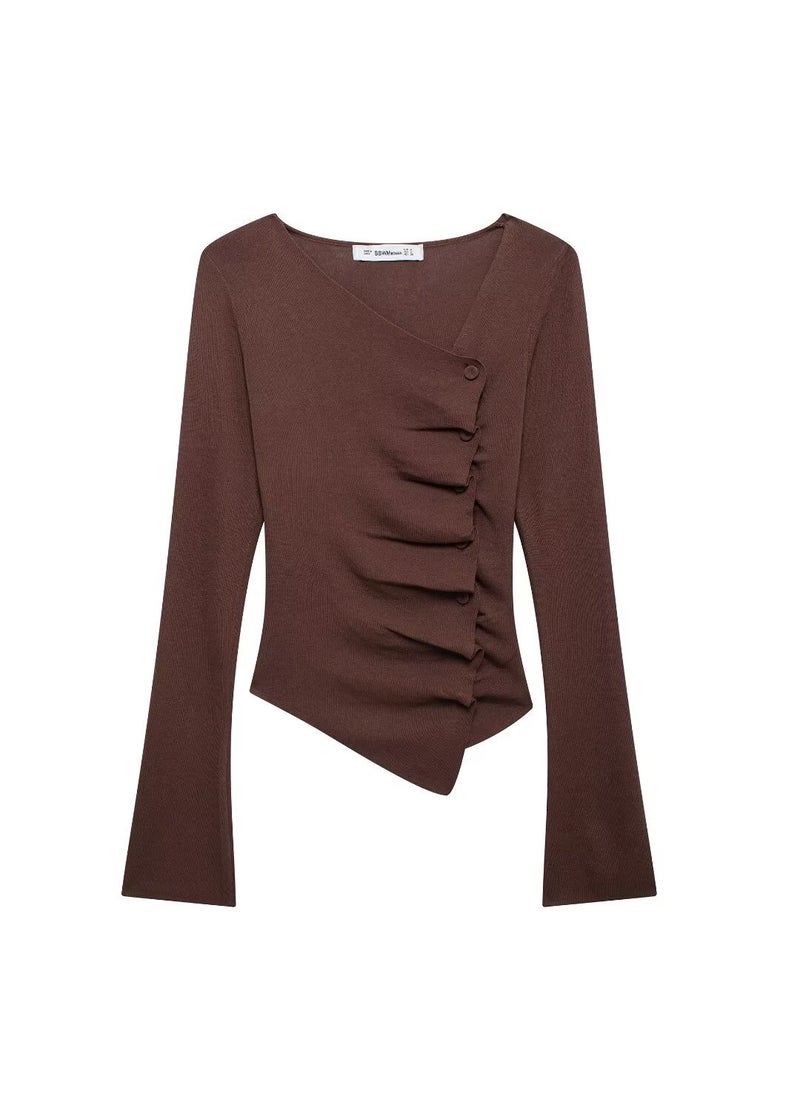 Generic - Womens V-Neck Knit Sweater Long Sleeve Autumn 2024 New Solid Color Base Layer Slimming Ruffles Decorative Pullover 5441 brown long-sleeved shirt - Image 1