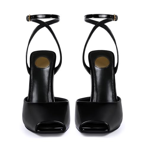 CAGLGLZ Square Open Toe Heeled Sandals for Women Patent Leather Stiletto High Heels Peep Toe Ankle Strap Backless Pumps Fashion Casual Dressy Party Shoes(Black,6) - Image 5